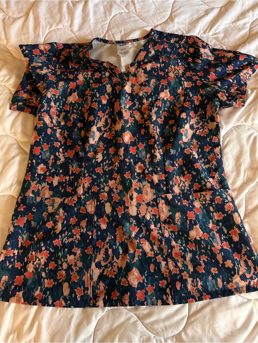 Floral Print Navy and Pink Women's Scrub Top
